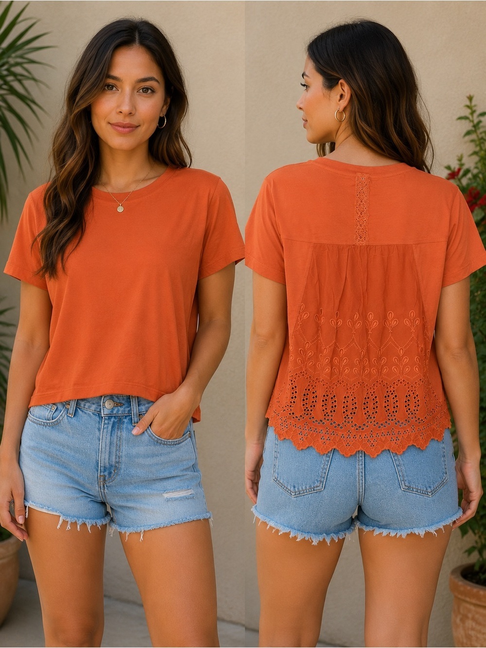 TINY Burnt Orange Lace Back Tee Boho Crochet Hem Short Sleeve Top
